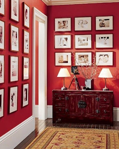 Pottery Barn Black, Red Accent Wall, Timeless Paint Colors, Hallway Gallery Wall, Red Paint Colors, Living Room Red, Red Room, Red Home Decor, Bedroom Red