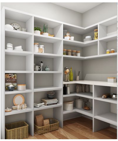 Prep Pantry  Counter - 3 outlets Wrapped corner shelves White melamine Melamine Pantry Shelving, Prep Pantry, Pantry Counter, Melamine Shelving, Painting Melamine, Corner Shelving, Home Bar Areas, Pantry Shelving, Shelving Ideas