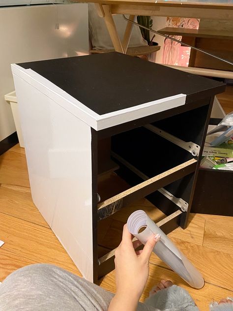 IKEA Nightstand DIY//Step 2: Cut and Apply Contact Paper Ikea Malm Nightstand Hack, Malm Nightstand, Nightstand Hack, Ikea Malm Nightstand, Ikea Micke Desk, Nightstand Diy, Ikea Nightstand, Micke Desk, Unfinished Cabinets