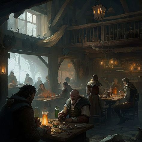 Dnd Adventuring Party, Fantasy Pub Aesthetic, Tavern Dnd Art, Fantasy Pub, Medieval Pub, Village Tavern, Fantasy Tavern, Medieval Tavern, Tavern Scene