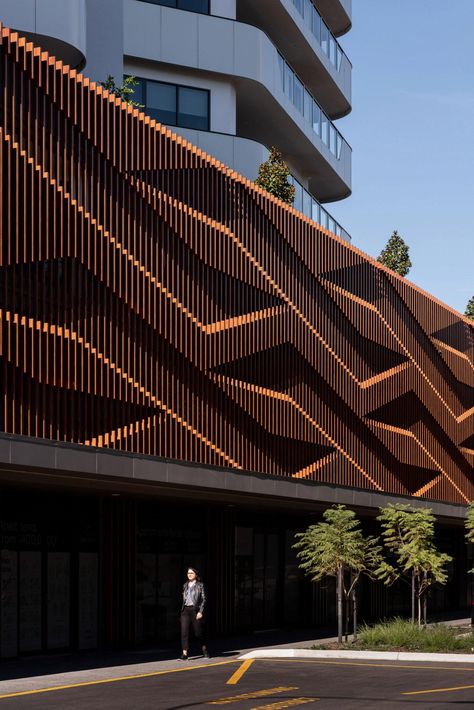 Woods Bagot, Mall Facade, Parking Building, Wood Facade, Facade Panel, Facade Architecture Design, Mixed Use Development, Commercial Complex, Flatiron Building