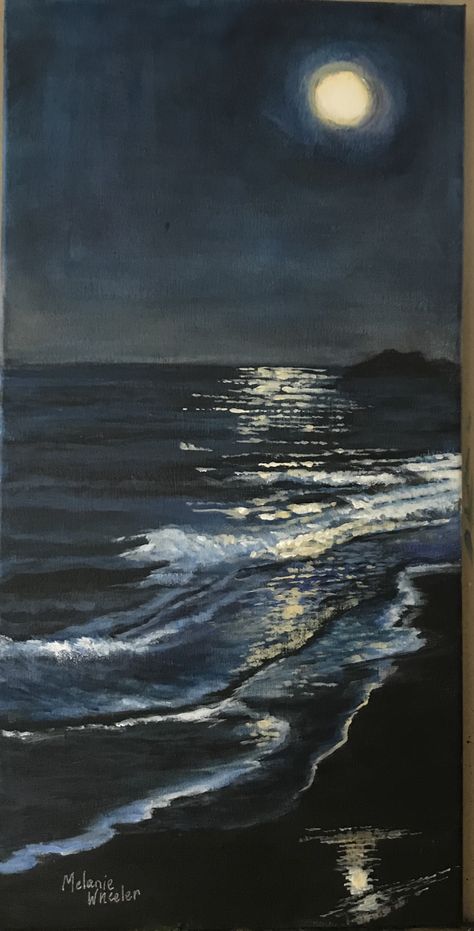 I used acrylic in a 10x20 format for this work. Beach At Night, Small Canvas Art, Ocean Painting, Ap Art, Night Painting, Sky Art, Beginner Painting, Dark Skies, Painting Art Projects