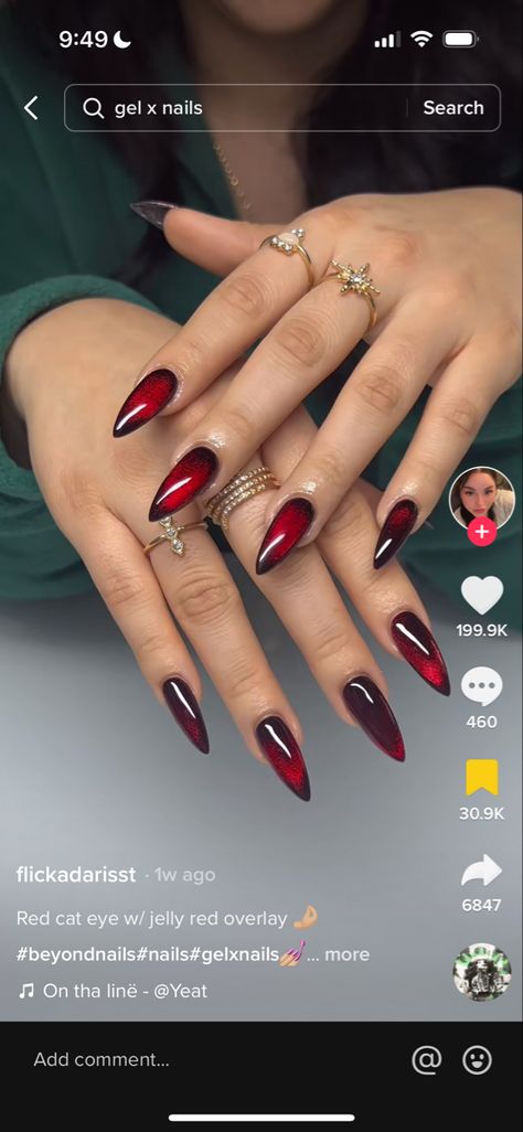 Dark Red Witchy Nails, Ruby Nails Design, Red Witch Nails, Red Witchy Nails, Black And Red Aura Nails, Vampire Nails Aesthetic, Nails Acrylic Spooky, Nail Designs Goth, Goth Almond Nails