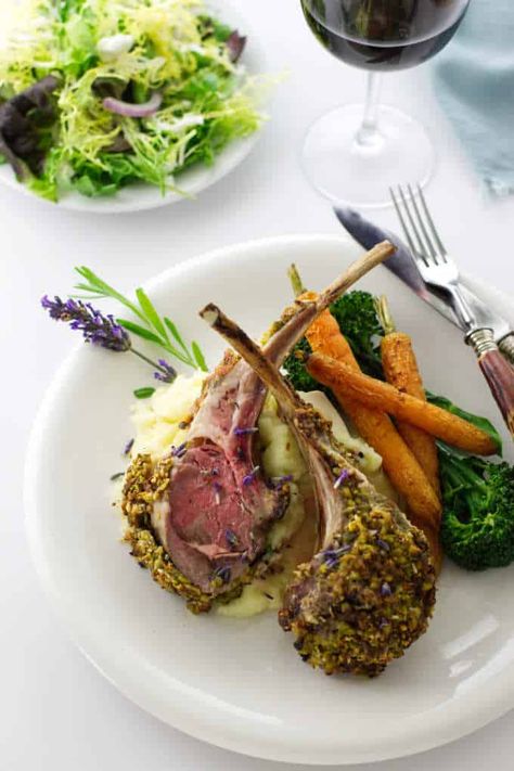 This Lavender Pistachio Crusted Rack of Lamb is a special treat that calls for a special event dinner. It is a perfect choice for a holiday dinnersor a small, intimate gathering. #lambdinner #lambrecipes #holidaydinner #specialoccasionrecipe #savorhtebest Fancy Food Presentation, Roast Rack Of Lamb, Crusted Rack Of Lamb, Lamb Dinner, Slow Roast Lamb, Gourmet Food Plating, Culinary Lavender, Easter Dinner Recipes, Rack Of Lamb