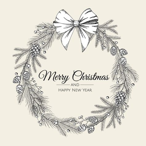 Hand drawn christmas wreath of tree with... | Premium Vector #Freepik #vector #background #frame #christmas #ribbon Wreath Art Drawing, Christmas Wreath Tattoo, Christmas Tree Embroidery Pattern, Christmas Wreath Drawing, Winter Windows, Laser Christmas, Bow Drawing, Christmas Tree Embroidery, Hand Drawn Christmas