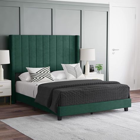 bold statement piece in the bedroom!! velvet & emerald are in! Upholstered Box Springs, Queen Platform Bed Frame, Emerald Velvet, Elegant Styling, King Size Platform Bed, Night Reading, Bedroom Layout, Velvet Upholstered Bed, Full Platform Bed