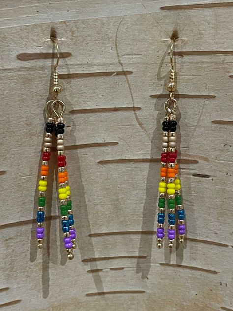 Pride 🏳️🌈 inclusive colours seed bead dangle earrings, gold fish hooks. Annishinaabe handmade. Rainbow Dangle Beaded Earrings Handmade, Cheap Rainbow Beaded Dangling Earrings, Pride Earrings Beaded, Rainbow Beaded Earrings For Festivals, Beaded Earrings Native Rainbow, Jewel School, Fork Jewelry, Micro Mosaic Jewelry, Bead Dangle Earrings