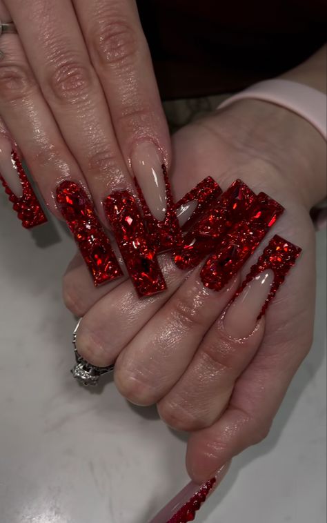 Red Bedazzled Nails, Red Nails Diamonds, Red Rhinestone Acrylic Nails, Red Long Acrylic Nails With Rhinestones, Dama Nails, Red And Silver Nails For Prom, Red Bling Nails Rhinestones, Red Blinged Out Nails, Red Diamond Nails