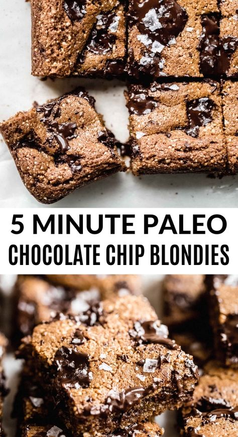 There's a new chocolate chip blondies recipe in town, and takes just just 5 minutes to prep! You can throw all of the ingredients into one bowl and have the best grain free, dairy free and paleo dessert ready in no time. These blondies have been topped off with dark chocolate chunks and flaky sea salt and make for an absolutely irresistible treat! #paleo #blondies #paleodessert #glutenfree #dairyfree Chocolate Chip Blondies Recipe, Best Paleo Recipes, Chocolate Chip Blondies, Keto Chocolate Cake, Paleo Recipes Dessert, Blondies Recipe, Paleo Recipes Easy, Paleo Chocolate, Paleo Dessert