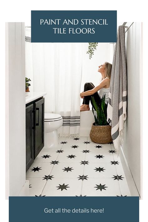 Check out these 3 easy ways to paint and stencil your tile floor. Paint Vinyl Tile Floor, Painting Bathroom Vinyl Floor, Painting Tile Floors Bathroom Stencil, Diy Painted Tile Floor Bathroom, Stencil On Tile Floor, Painting Bathroom Floor Tiles Diy, Update Kitchen Tile Floor, How To Stencil Tile Floor, Painted Laundry Room Floor