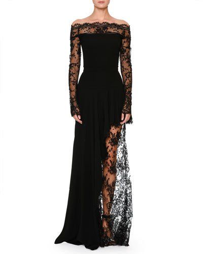 B43BU Alexander McQueen Off-the-Shoulder Lace Illusion Column Evening Gown Velvet Evening Gown, Red Evening Gowns, Evening Gowns With Sleeves, Black Evening Gown, Alexander Mcqueen Dresses, Gaun Fashion, Fashion Gowns, Long Sleeve Gown, فستان سهرة