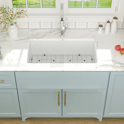 Lordear 32'' L Undermount Single Bowl Ceramic Kitchen Sink | Wayfair White Ceramic Kitchen Sink, Ceramic Kitchen Sink, Sink With Accessories, White Farmhouse Sink, Ceramic Kitchen Sinks, Ceramic Undermount Sink, Kitchen Drawing, Sink Grid, Fireclay Sink