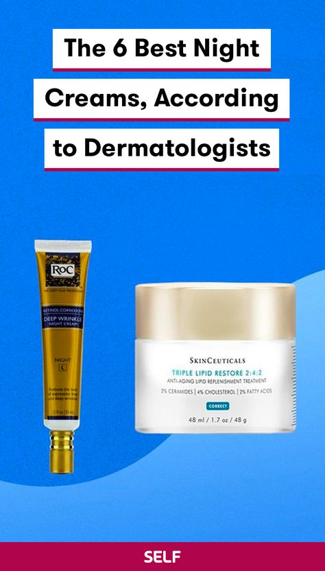 Key ingredients to look for in a night cream often include retinol, to help to minimize the appearance of wrinkles, along with peptides, which assist in collagen production. However, with hundreds of formulas, all at different price points, it can be confusing to find the right night cream to suit your skin-care needs. So I asked dermatologists to weigh in on their top picks and these are their six choices. Night Cream For Oily Skin, Best Night Moisturizer, Best Night Cream For 40s Anti Aging, Moisturizer After Retinol, Diy Night Cream, Collagen Moisturizer, Retinol Night Cream, Best Night Cream, Best Anti Aging Creams