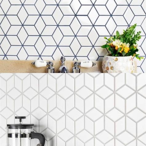 We both originally chose a white rhombus tile to do one of these 2 patterns - we still like it, just questioning options since install will be $$$ with 1 wall with only lowers Trapezoid Backsplash Tile, Rhombus Backsplash, Rhombus Bathroom Tile, Rhombus Tesselation, White Rhombus Tile Backsplash, Rhombus Tile, Patterned Wall Tiles, White Bar, Dining Design