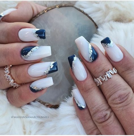 Navy Blue White And Silver Nails, Navy Bridal Nails, Navy Wedding Nails For Bride, White And Blue Wedding Nails, Navy And White Nails Acrylic, Navy And White Nail Designs, Navy Blue Wedding Nails For Bride, Navy Blue White Nails, Blue And White Wedding Nails