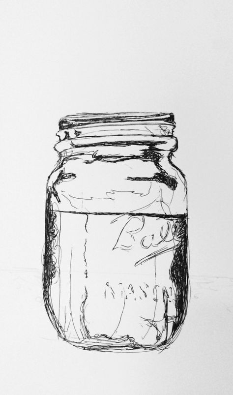 Pen and ink mason jar sketch Sidney Tomko Water Spill Drawing, Mason Jar Sketch, Jar Reference, Mason Jar Aesthetic, Jar Sketch, Mason Jar Drawing, Dark Apothecary, Mason Jar Tattoo, Pen And Ink Sketches