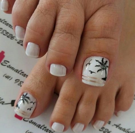 Tropical Pedicure, Easy Toe Nail Designs, Cruise Nails, Palm Tree Nails, Pedicure Designs Toenails, Fruit Nail Art, Pedicure Nail Designs, Gel Toe Nails, Pretty Toe Nails