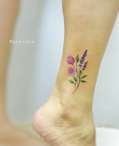 Ankle Tattoo Ideas, Memorial Tattoo Ideas, Minimal Tattoo Designs, Pretty Flower Tattoos, Lavender Tattoo, Mom Tattoo Designs, Ankle Tattoos, Wildflower Tattoo, Anklet Tattoos