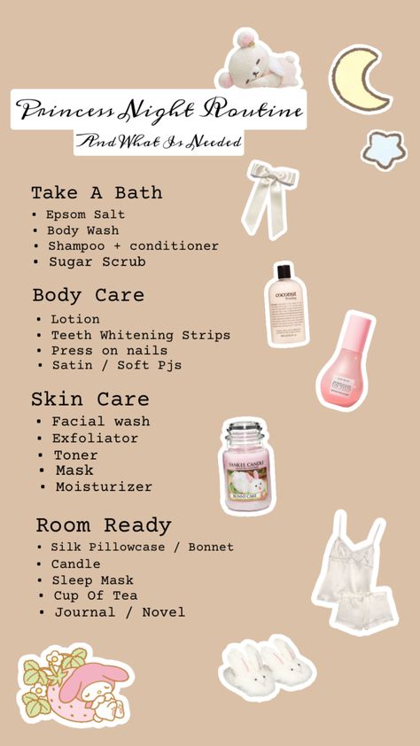 Princess Night Routine Inspo by @otherworldlyluve #beauty #aesthetic #nightroutine #moodboards #skincare #products Night Routine Aesthetic List, Princess Night Routine, Tea Journal, Coconut Lotion, Etiquette And Manners, Night Time Skin Care Routine, Teeth Whitening Strips, Beauty Routine Tips, Beauty Aesthetic