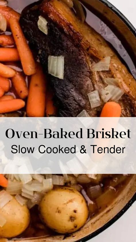 Tender beef brisket nestled in savory cooking juices surrounded by flavorful onion, carrots and potatoes. All slow cooked together in dutch oven. Dutch Oven Roast Beef, Oven Roasted Brisket, Oven Baked Brisket, Oven Brisket Recipes, Baked Brisket, Oven Roast Beef, Dutch Oven Beef, Roast Brisket, Brisket Oven