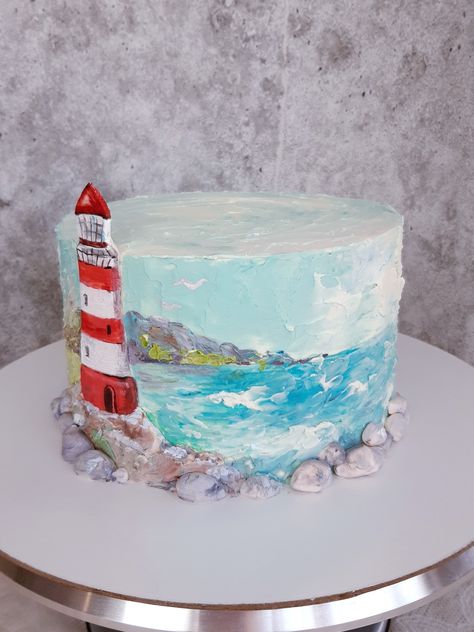 Water Cakes, Lighthouse Cake Ideas, Lighthouse Wedding Cake, Cake By The Ocean, Seaside Cake Ideas, Lighthouse Birthday Cake, Ocean Fondant Cake, Lighthouse Cake, Grass Cake