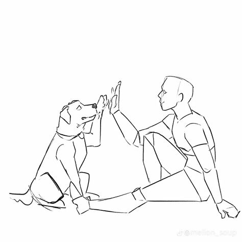 Person And Dog Drawing, Character Interaction Poses Reference, Person On Leash Drawing Reference, Holding Knees Pose Reference, Mellon Soup, Character Bases, Art Bases, Human Base, Drawing Bases