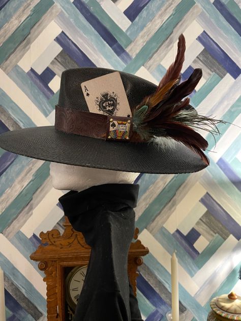 Cowboy Hat Feathers, Cowboy Hat With Feather, Gothic Hats, Card Slider, Hat With Feather, Custom Cowboy Hats, Feather Cards, Band Ideas, Hat Bands