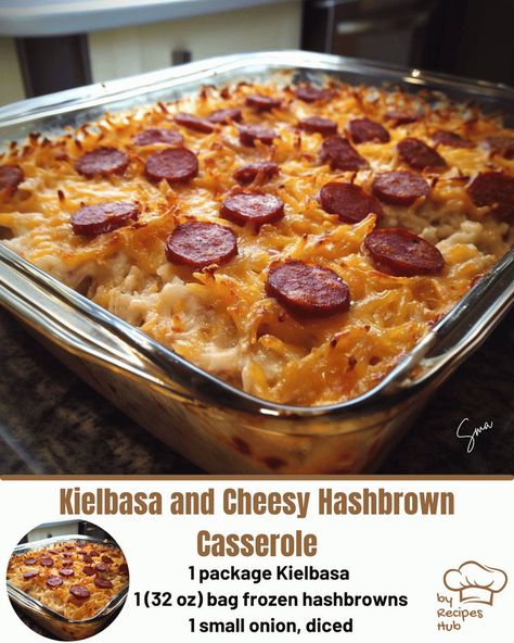 Kielbasa and Cheesy Hashbrown Casserole Ham And Hashbrown Casserole, Easy Kielbasa Recipes, Easy Weeknight Casseroles, Kielbasa And Potatoes, Cheesy Hashbrown, Hashbrown Casserole Recipe, Cheesy Hashbrown Casserole, Frozen Hashbrowns, Mexican Casserole Recipe