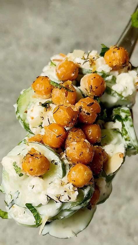 Creamy Cucumber Salad With Crispy Spiced Chickpeas Chickpea Cucumber Feta Salad, Chickpea Cucumber Salad, Cucumber Chickpea Salad, Chickpea Cucumber, Chickpea Feta Salad, Healthy Era, Cucumber Salads, Cucumber Feta Salad, Cucumber Yogurt