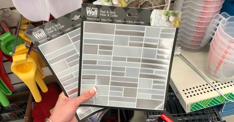 Dollar Tree Sells DIY Peel Dollar Store Peel And Stick Tiles, Dollar Tree Stick On Tile, Dollar Tree Peel And Stick Tiles, Dollar Tree Backsplash Ideas, Dollar Tree Backsplash, Dollar Tree Wallpaper, Sticky Tile, Vinyl Wall Words, Tiles Diy