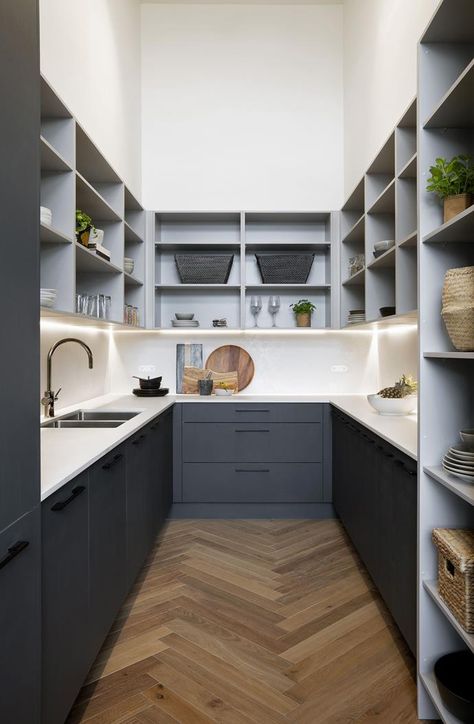 The Block 2018 kitchens served up plenty of inspiring kitchen design ideas and fresh new trends and finishes - some that made their debut on the show. From metallic cabinetry to gigantic butler's pantries and voice-activated plumbing, these were the biggest trends we spotted on The Block this year. Life Aspirations, Closed Kitchen, Pantry Room, Kitchen Designer, Kabinet Dapur, Butlers Pantry, Houses Plans, Kitchen Pantry Design, House Photos