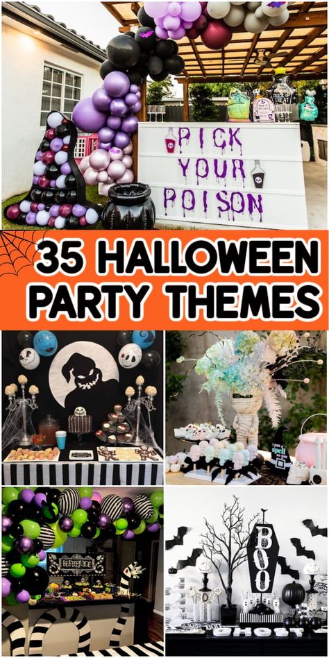 All the best Halloween party themes  in one place. There are great ideas for food, decorations, and games. Everything needed to have a spooktacular night. Halloween Town Theme Party, Halloweentown Themed Party, Halloween Party Themes For Kids, Halloween Theme Fundraiser, Themed Halloween Costume Party Supplies, Monster Theme Halloween Party, Halloween Party Activities, Halloween Themed Food, Halloween Movie Night