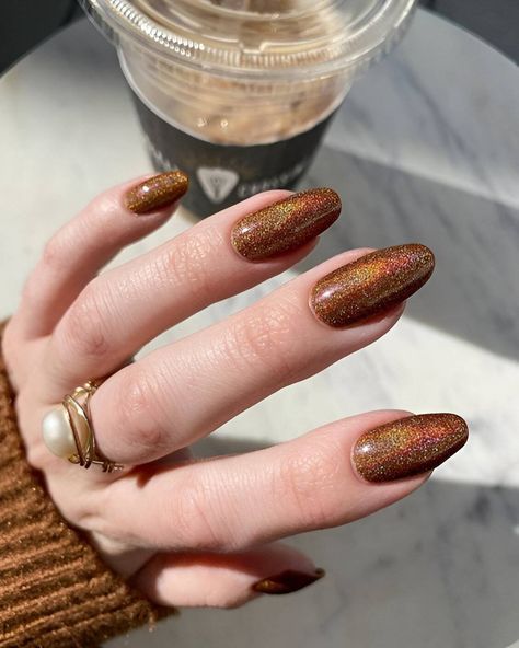 30 Dark Moody Vamp Nail Ideas Perfect For Fall - 218 Bronze Almond Nails, Bronze Fall Nails, Bronze Sparkle Nails, Bronze Glitter Nails, Fall Sparkly Nails, Fall Nails Shellac, Short Almond Nails Designs Fall, Round Fall Nails, Almond Nails Fall Colors