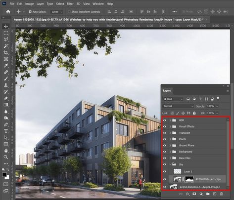 8 Photoshop Architectural Rendering Tips Every Architect Should Know Architectural Visualization Render, Architecture Photoshop Render, Photoshop For Architecture, Exterior Render Architecture, Rendering Tips, Adobe Tools, Brick Rendering, Architecture Photoshop, Architectural Render