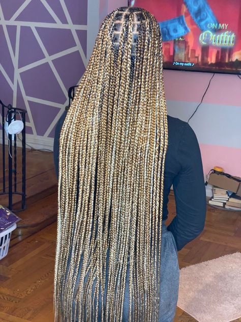 Medium Knotless Braids Blonde And Brown, Two Toned Blonde Knotless Braids, Golden Knotless Braids, Knotless Box Braids Medium With Curls Blonde, Blonde Brown Black Knotless Braids, Blonde Plaits Box Braids, Honey Blonde Plaits, Honey Blond Knotless Box Braids, Homey Blonde Knotless Braids