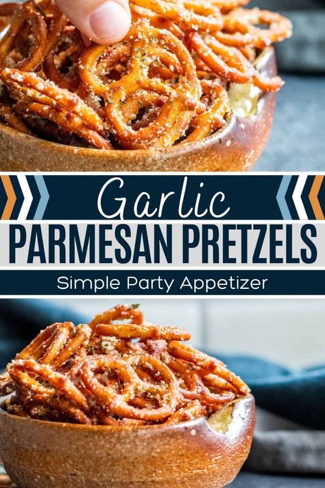 This easy Garlic Parmesan Pretzel recipe is ready in about 10 minutes and requires little prep work. The hard pretzel twists are baked in butter and spices then tossed in grated Parmesan cheese and parsley. Makes a great last minute party snack or game day appetizer. Easy Pretzel Snacks, Pretzel Party Snacks, Pretzel Twists Recipe, Flavor Pretzels Recipe, Uses For Pretzels, Last Minute Party Snacks, Snack Pretzel Recipes, Savory Pretzel Recipe, Savory Pretzel Snacks