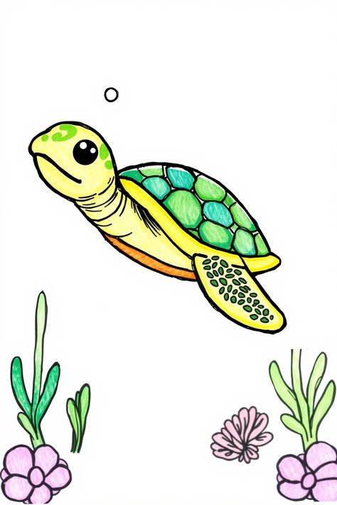 Check Out This Cute Sea Turtle Drawing & 12+ Other Sea Turtle Drawing Ideas! #drawing #drawinginspiration Cute Sea Turtle Drawing, Marine Life Artists, Tortoise Drawing, Seashell Drawing, Turtle Sketch, Coral Drawing, Sea Turtle Drawing, Sea Turtle Shell, Cute Sea Turtle