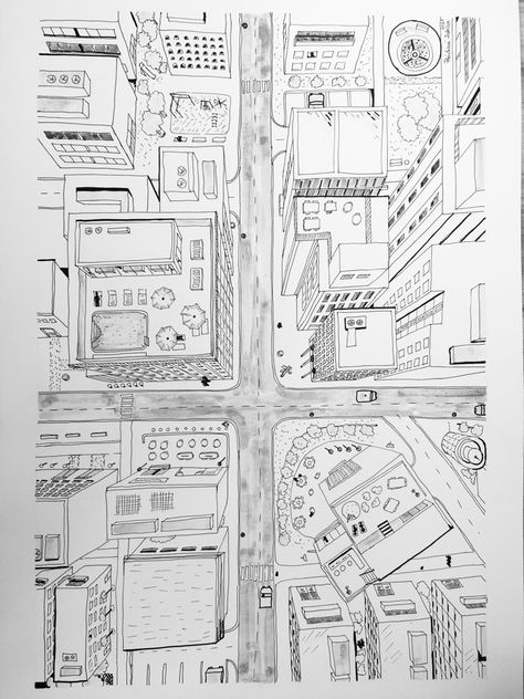 My imagination from bird eye City Birds Eye View Drawing, Buildings Birds Eye View, Bird Eye View Drawing, City Birds Eye View, Birds Eye View Drawing, Bird Perspective, Birds Eye View City, Vision Journal, Architecture References