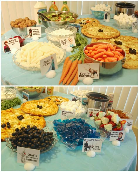 thinking about these a s healthy food look at the pizza its olaf :) Disney Frozen Food Table Frozen Party Menu, Disney Frozen Party Food, Food For Potluck, Frozen Birthday Party Food, Frozen Party Food, Party Food Signs, Party Food Menu, Disney Themed Food, Elsa Party