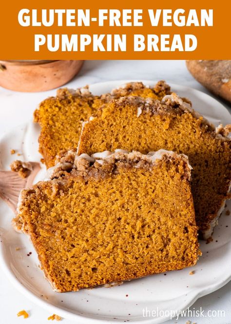 Gluten Free Vegan Pumpkin Bread - This is the only gluten free vegan pumpkin bread recipe you’ll ever need. It’s perfectly soft, moist and tender, packed full of spices and topped with a crisp, buttery cinnamon streusel topping. It’s also super easy to make and you don’t need any unusual ingredients (no chia or flax eggs) and no special equipment. Pumpkin recipes. Halloween recipes. Thanksgiving desserts. Fall baking inspiration. Vegan Gluten Free Pumpkin Bread, Starbucks Pumpkin Loaf, Gluten Free Vegan Pumpkin Bread, Vegan Cream Cheese Icing, Desserts Fall, Gluten Free Vegan Recipes Desserts, Vegan Thanksgiving Dessert, Vegan Dessert Bars, Flax Eggs