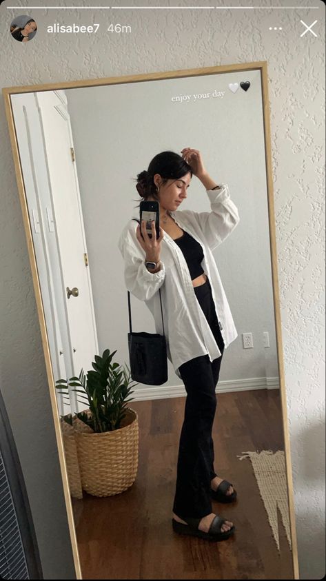 White Pants Black Sandals Outfit, Black Bottoms White Top Outfits, White Button Down Shirt And Leggings Outfit, Black Flared Pants Outfit Summer, Black Pants And Crop Top Outfit, Black And White Sandals Outfit, Yoga Pants Summer Outfit, Black Flare Pants Outfit Midsize, Black Pants And Sandals Outfit