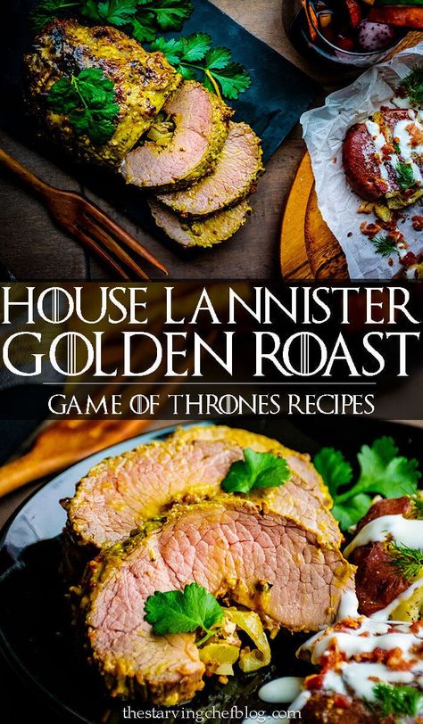 This golden roast is encrusted in horseradish and honey mustard glaze colored with tumeric and saffron threads - the most expensive spice in Westeros. Game Of Thrones Food Recipes, Book Inspired Recipes, Game Of Thrones Recipes, Dnd Recipes, Peacock Recipe, Medieval Food Recipes, Fandom Recipes, Hobbit Recipes, Taverns Recipe