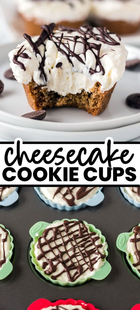 Cheesecake Cookie Cups start with a chocolate chip cookie base (pre-made or from scratch) and then are filled with a four ingredient, fluffy, no-bake cheesecake filling. Finish it all off with a chocolate drizzle and you have an easy and delicious mini dessert! Cholate Chip Cookies, Cheesecake Cookie Cups, Make Cheesecake, Cookie Mixes, No Bake Cheesecake Filling, Chocolate Chip Cookie Cups, Cheesecake Cookie, Cookie Cups Recipe, Cookie Base