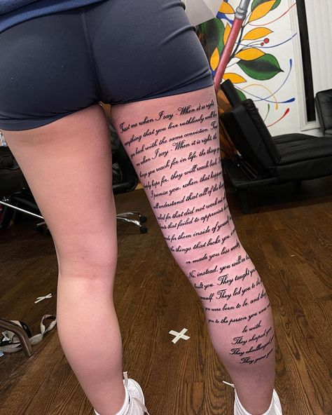 Alexander Ollison | B e a u t i f u l W o r d s did this big motivational lettering tattoo going down the backside of her thigh and lower leg really love how… | Instagram Back Of Leg Tattoos, Lower Leg Tattoos, Miami Tattoo, Lettering Tattoo, D Tattoo, Big Legs, Leg Tattoos Women, Tattoo Script, F U