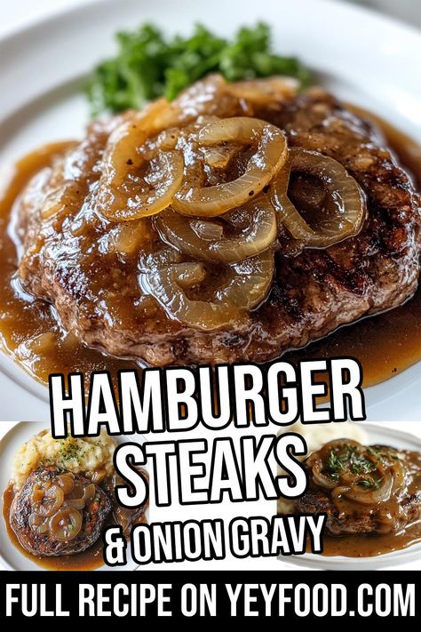 Hamburger Steaks with Onion Gravy - Yeyfood.com: Recipes, cooking tips, and kitchen hacks for home cooks of all levels Hamburger Steaks With Onion Gravy, Best Salisbury Steak Recipe, Hamburger Side Dishes, Classic Hamburger, Hamburger Steak Recipes, Hamburger Steak And Gravy, Hamburger Gravy, Hamburger Steaks, Hacks For Home