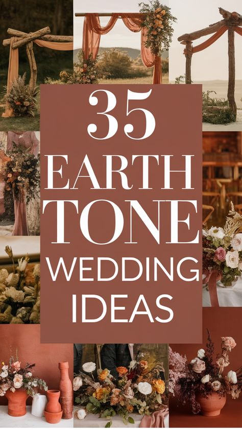 35 earth tone wedding ideas collage featuring floral arrangements and rustic decor settings. Earth Tone Wedding Theme, Earth Tone Wedding, Wedding Theme Ideas, Connection To Nature, Romantic Atmosphere, Overall Design, Earthy Colors, Theme Ideas, Earthy Tones