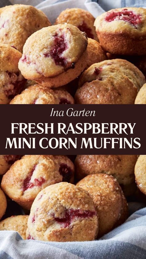 Ina Garten Fresh Raspberry Mini Corn Muffins Ina Garten Mini Raspberry Corn Muffins, Raspberry Corn Muffins, Recipes With Corn Flour, Corn Muffins From Scratch, Corn Muffin Recipes, Mini Corn Muffins, Corn Flour Recipes, All Purpose Flour Recipes, Cornmeal Muffins