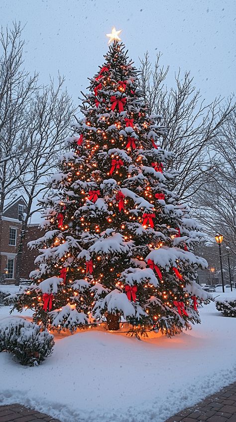 Twinkling lights and red ribbons transform this snow-covered tree into a winter wonderland! 🎄✨ Feel the festive warmth with every glowing light and snowy branch. Perfect for capturing the Christmas spirit! 🎅❄️  #christmas #festive #winter #wonderland #snow #holidays #decor #tree #lights #warmth #cozy #beautiful #season #joy #happyholidays Snowy Christmas Aesthetic, Snowy Aesthetic Christmas, Snow Aesthetic Christmas, Christmas Season Aesthetic, Christmas Aesthetic Snow, Christmas Dreaming, Xmas Wallpaper, Merry Christmas Wishes, Twinkling Lights