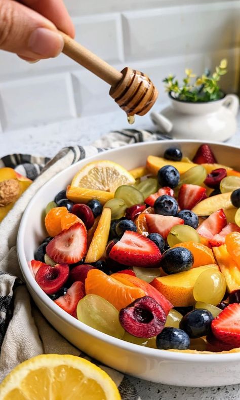 Fruit Salad with Honey Lemon Dressing Recipe - The Herbeevore California Spaghetti Salad Recipe, Lemon Dressing Recipe, Fruit Salad With Honey, Thai Mango Salad, Summer Salads With Fruit, Seasonal Fruits, Mango Salad, Fruit Salad Recipes, Honey Recipes