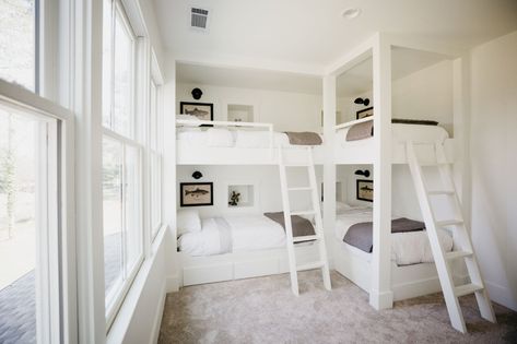 Corner Bunk Room Ideas, 4 Bed Bunk Bed, 2 Bunk Beds In One Room, 4 Bunk Beds In One Room, Corner Bunk Beds, Home Character, L Shaped Bunk Beds, Custom Home Build, Bunk Bed Room